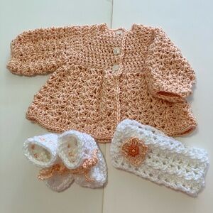 Handcrafted Peach Crochet Baby Cardigan Set with White Booties & Headband